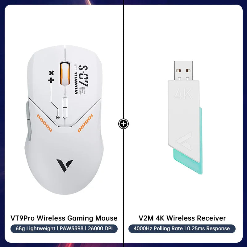 VT9PRO PAW3398 Wireless Gaming Mouse 68G Wired Programmable Ergonomic Mice 26000DPI Type C Rechargeable Pc Gamer Accessory