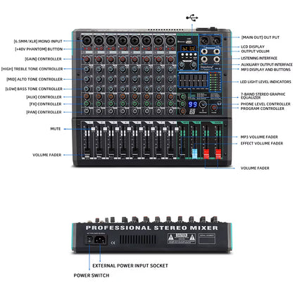 Professional Audio Mixer  PA8 8 Channel Sound Board Console DJ Mixing Desk System Interface Built-In 99 Reverb Effect