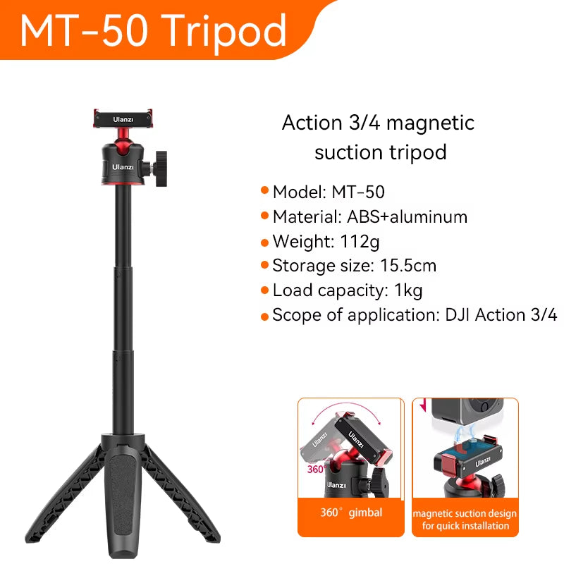 Ulanzi MT-50 Magnetic Tripod for  Osmo Action 5 4 3 Adjustable Underwater Selfie Stick Stand Mount Action Camera Accessories