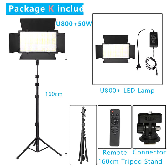 U800+ LED Video Light Photo Studio Lamp Bi-Color 2500K-8500K Dimmable with Tripod Stand Remote for Video Recording Para