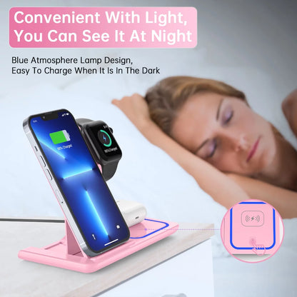 Wireless Charger, 18W 3 in 1 Wireless Charging Station for Iphone 15 14 13 12 Pro XR XS, Fast Charing Stand for Apple Watch 8/7/6/SE/5/4/3/2, Airpods 3/2/Pro, Samsung Galaxy S23 S22 S21 20(Pink)