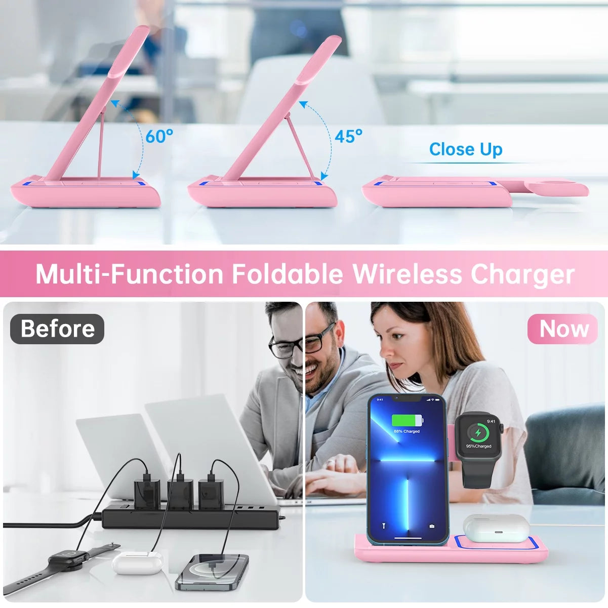 Wireless Charger, 18W 3 in 1 Wireless Charging Station for Iphone 15 14 13 12 Pro XR XS, Fast Charing Stand for Apple Watch 8/7/6/SE/5/4/3/2, Airpods 3/2/Pro, Samsung Galaxy S23 S22 S21 20(Pink)