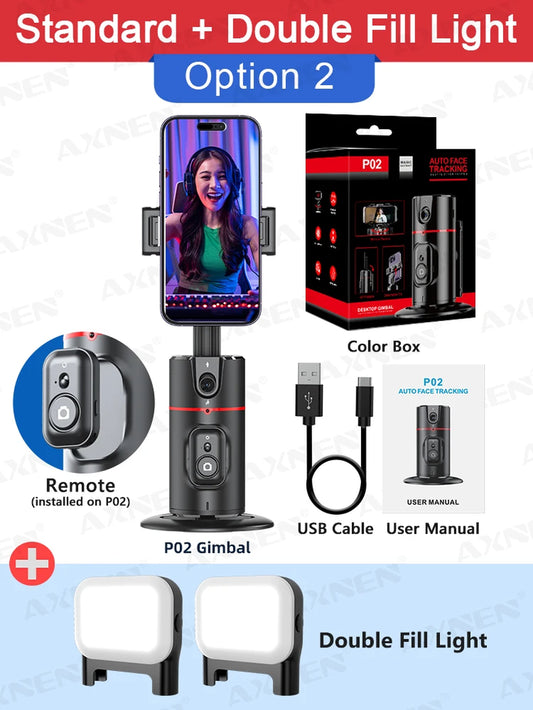 P02 360 Rotation Gimbal Stabilizer, Follow-Up Selfie Desktop Face Tracking Gimbal for Tiktok Smartphone Live,With Remote Shutter