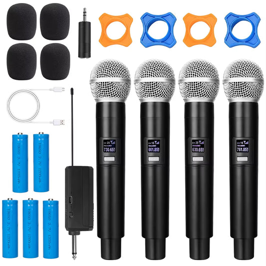 4 Channel Wireless Microphone Handheld UHF Fixed Dynamic Mic with 1200Mah 18650 Rechargeable Receiver for Karaoke Wedding Party