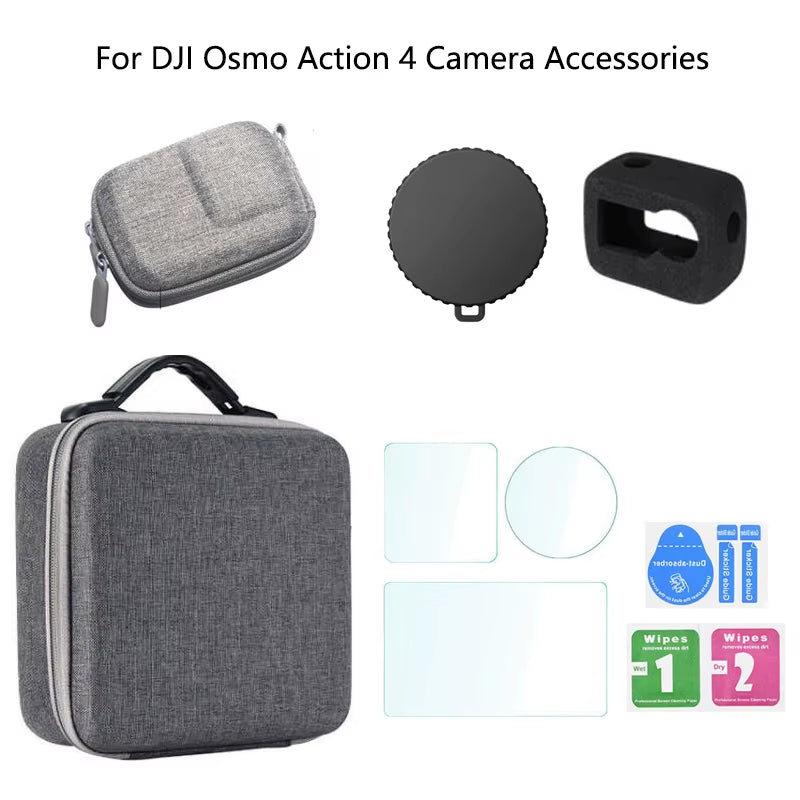 For  Osmo Action 4 Extended Bundle Handle+Travel Carrying Bag+9H Tempered Glass Film+Len Case+Windslayer Cover Accessories