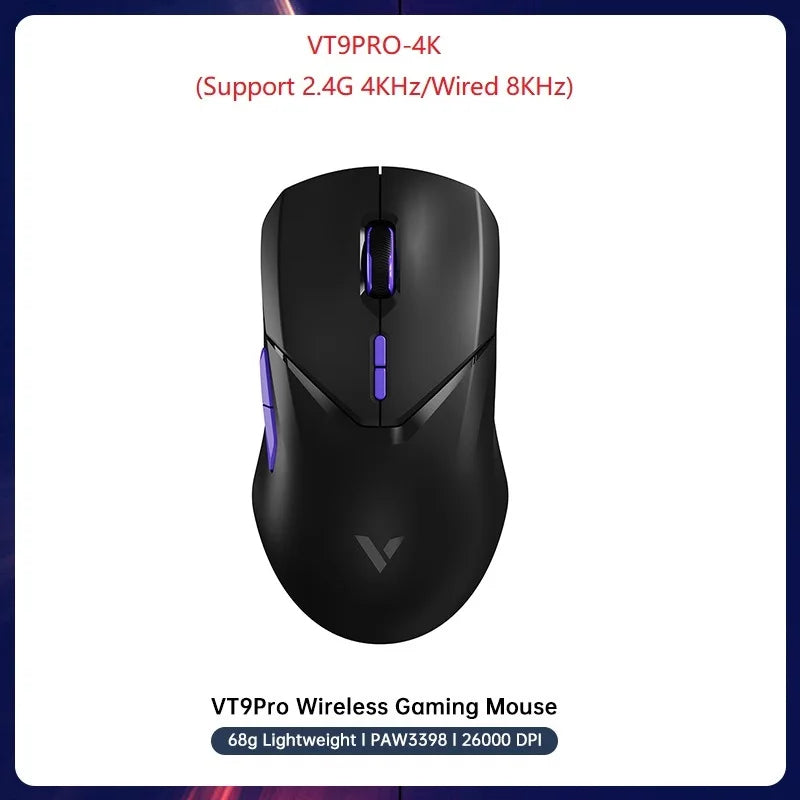 VT9PRO PAW3398 Wireless Gaming Mouse 68G Wired Programmable Ergonomic Mice 26000DPI Type C Rechargeable Pc Gamer Accessory