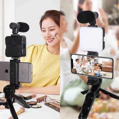 Professional Studio Microphone Mini Selfie Stick Tripod with Fill Light for Phone Camera Vlog Video Recording Tabletop Stand