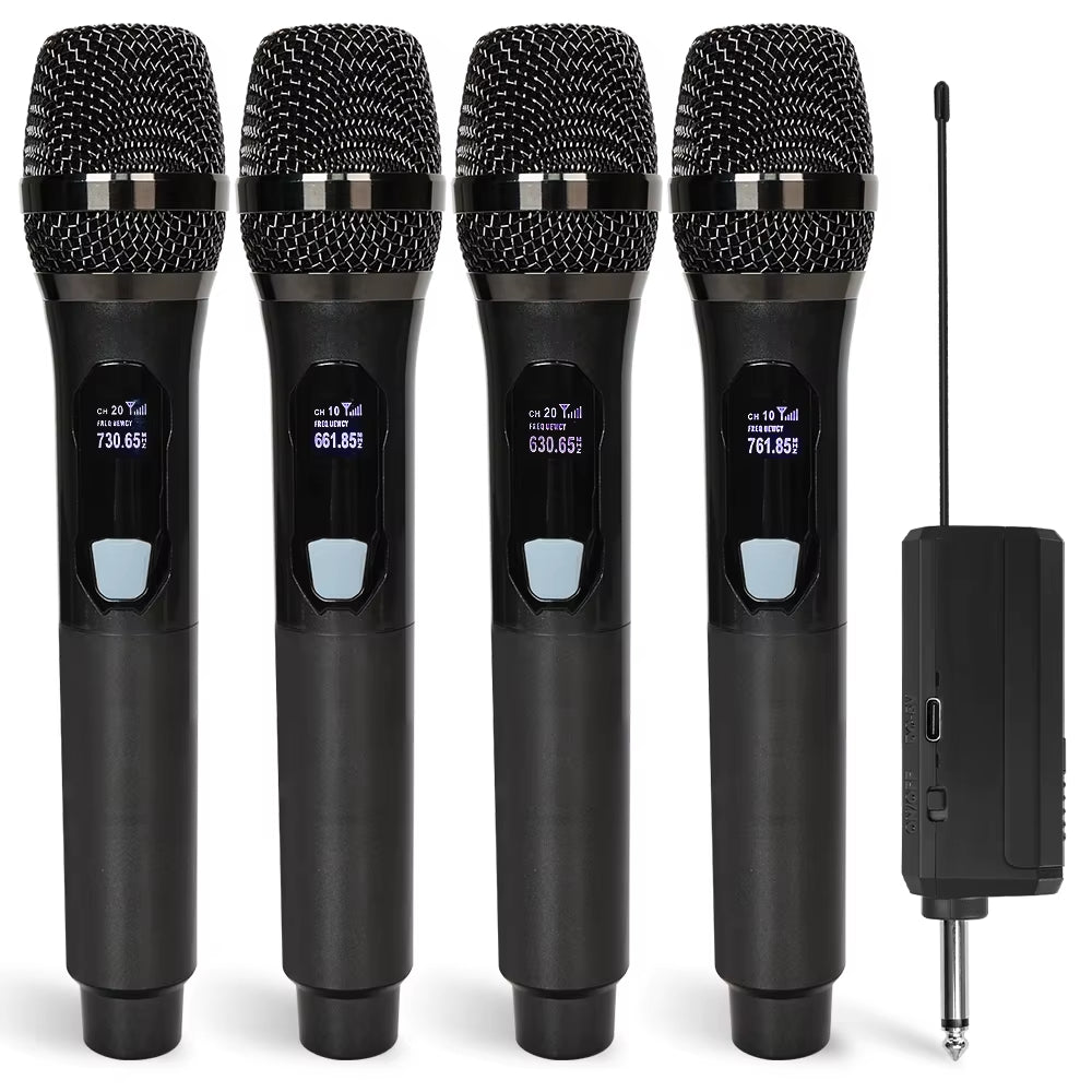 4 Channel Wireless Microphone Handheld UHF Fixed Dynamic Mic with 1200Mah 18650 Rechargeable Receiver for Karaoke Wedding Party