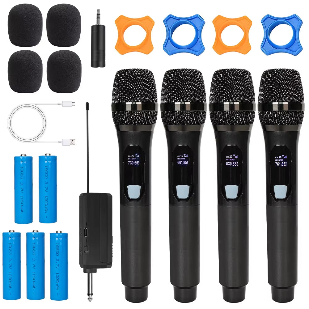 4 Channel Wireless Microphone Handheld UHF Fixed Dynamic Mic with 1200Mah 18650 Rechargeable Receiver for Karaoke Wedding Party