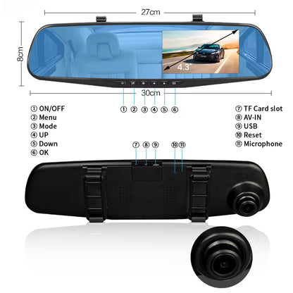 Dash Cam 4.3 Inches Car DVR Rearview Mirror Driving Recorder Dual Lens Front and Rear Camera Video Recorder Black Box