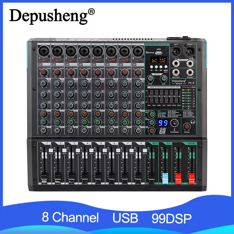 Professional Audio Mixer  PA8 8 Channel Sound Board Console DJ Mixing Desk System Interface Built-In 99 Reverb Effect