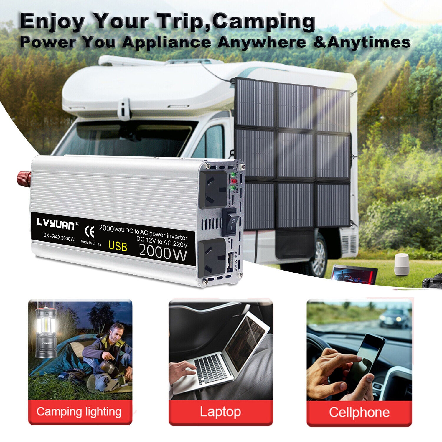 Power Inverter 2000W Peak 12V DC to 240V AC Caravan Converter USB Adapter Trip