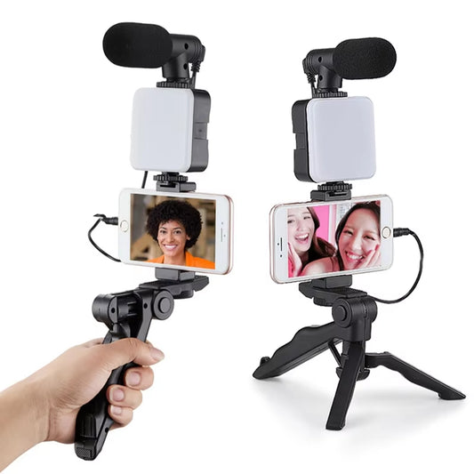 Professional Studio Microphone Mini Selfie Stick Tripod with Fill Light for Phone Camera Vlog Video Recording Tabletop Stand