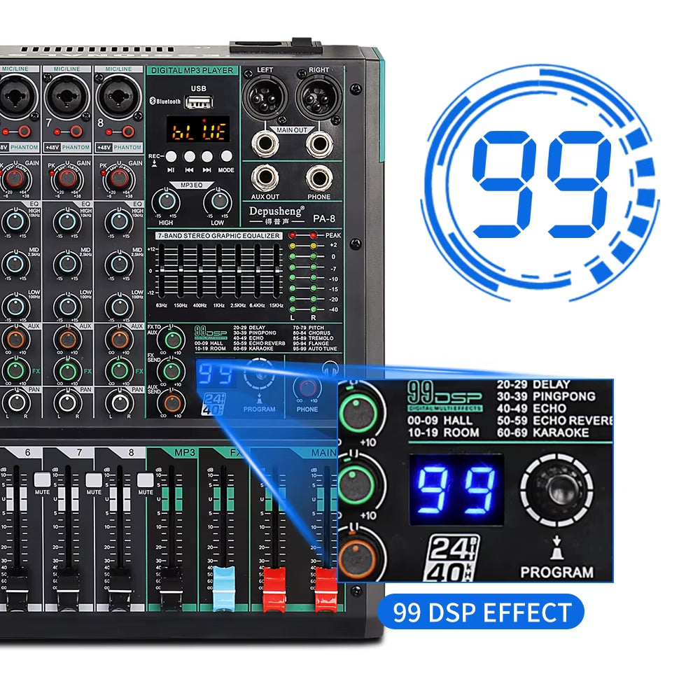 Professional Audio Mixer  PA8 8 Channel Sound Board Console DJ Mixing Desk System Interface Built-In 99 Reverb Effect