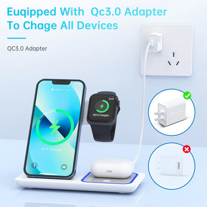 2023 Upgraded Wireless Charging Station, 18W 3 in 1 Charger Station, Fast Charging Dock Stand for Iwatch Series 8/7/6/SE/5/4/3/2, Compatible with Iphone 15 14 13 12 11 Pro/Xs/Xr/Samsung & Airpod