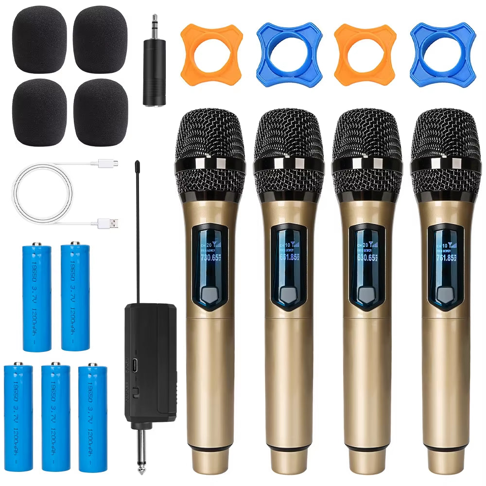 4 Channel Wireless Microphone Handheld UHF Fixed Dynamic Mic with 1200Mah 18650 Rechargeable Receiver for Karaoke Wedding Party