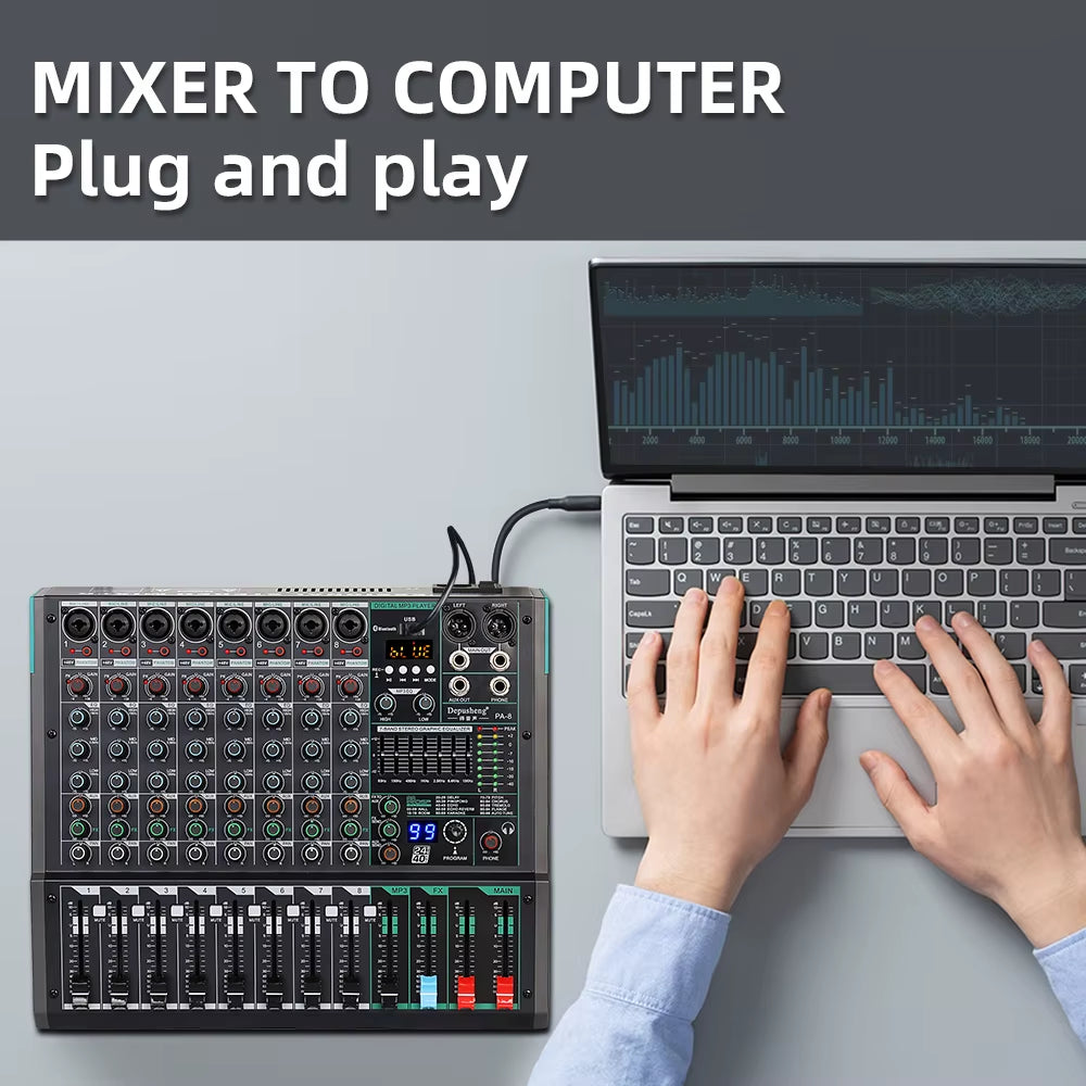 Professional Audio Mixer  PA8 8 Channel Sound Board Console DJ Mixing Desk System Interface Built-In 99 Reverb Effect