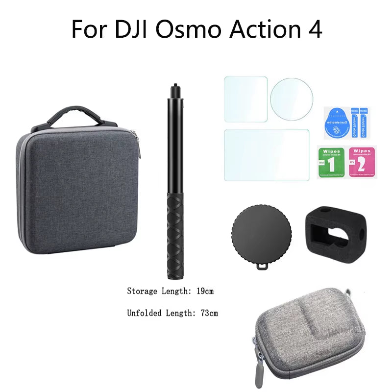 For  Osmo Action 4 Extended Bundle Handle+Travel Carrying Bag+9H Tempered Glass Film+Len Case+Windslayer Cover Accessories