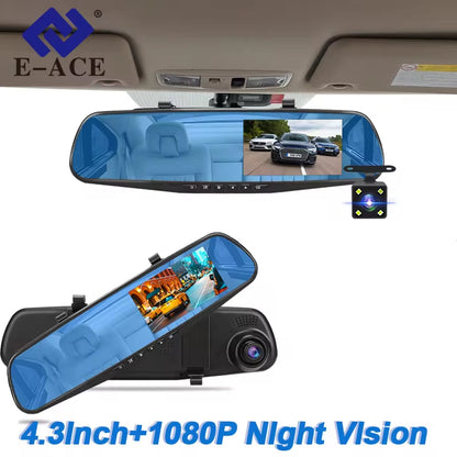 Dash Cam 4.3 Inches Car DVR Rearview Mirror Driving Recorder Dual Lens Front and Rear Camera Video Recorder Black Box