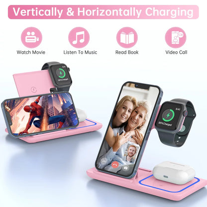 Wireless Charger, 18W 3 in 1 Wireless Charging Station for Iphone 15 14 13 12 Pro XR XS, Fast Charing Stand for Apple Watch 8/7/6/SE/5/4/3/2, Airpods 3/2/Pro, Samsung Galaxy S23 S22 S21 20(Pink)