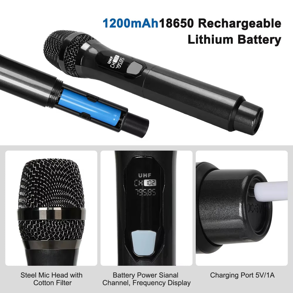 4 Channel Wireless Microphone Handheld UHF Fixed Dynamic Mic with 1200Mah 18650 Rechargeable Receiver for Karaoke Wedding Party