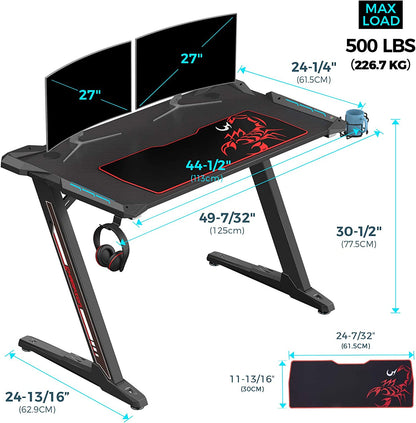 Z1-S Pro Gaming Desk 44.5" Z Shaped Home Office PC Computer Desks Gamer Tables with LED Lights Controller Stand Cup Holder Headphone Hook Free Mousepad for Men Boyfriend Female Gift