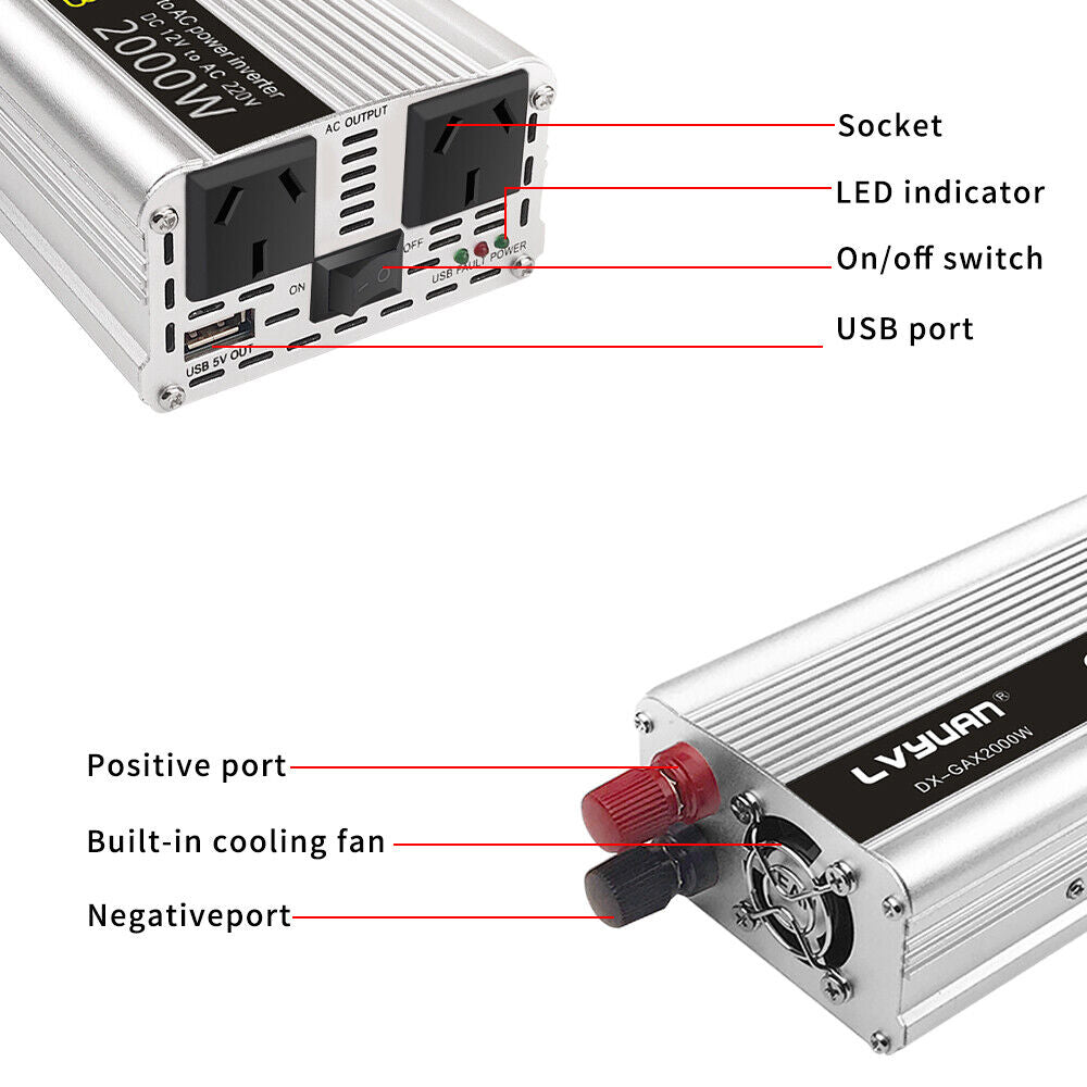 Power Inverter 2000W Peak 12V DC to 240V AC Caravan Converter USB Adapter Trip