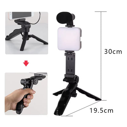 Professional Studio Microphone Mini Selfie Stick Tripod with Fill Light for Phone Camera Vlog Video Recording Tabletop Stand