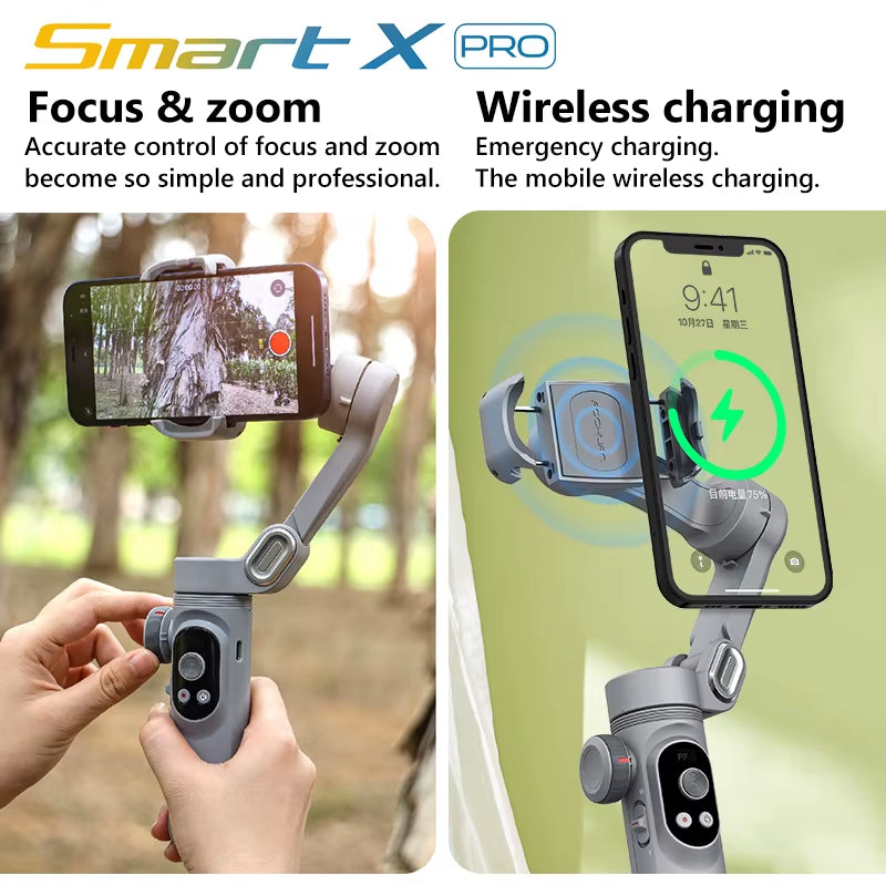 AOCHUAN Smart X Pro 3-Axis Foldable Handheld Gimbal Stabilizer with Fill Light Wireless Charging for Smart Phone Action Camera