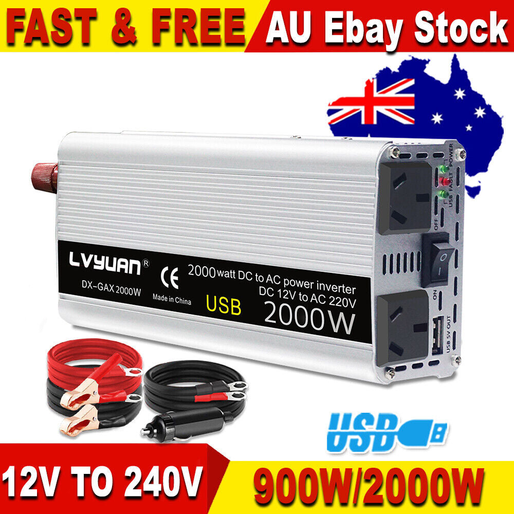 Power Inverter 2000W Peak 12V DC to 240V AC Caravan Converter USB Adapter Trip